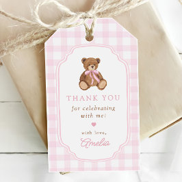 ピンクのギンガムチェックのテディベアの1歳の誕生日 ギフトタグ