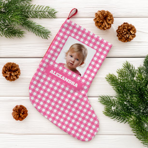 ピンクのギンガムチェックの女の子の写真と名前 スモールクリスマスストッキング