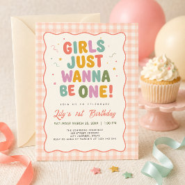 ピンクのギンガムチェック柄が可愛い「Girls Just Wanna Be One」1歳の誕生日 招待状