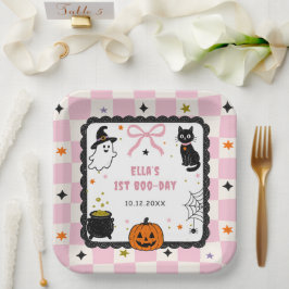 ピンクのギンガムチェック ハロウィン 誕生日パーティー ペーパープレート