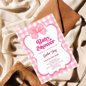 ピンクのギンガムバウ赤ちゃんシャワーかわいい女の子の赤ちゃんシャワー 招待状