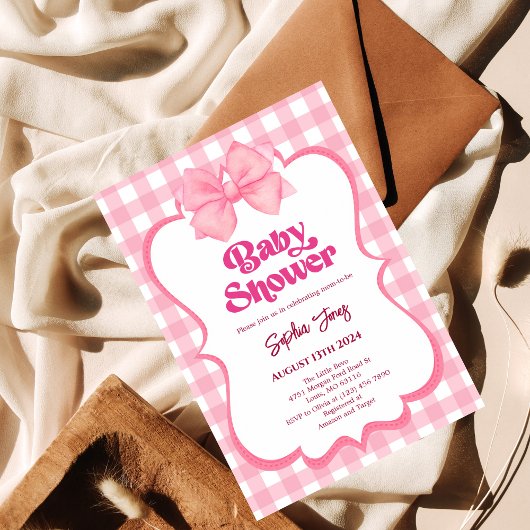 ピンクのギンガムバウ赤ちゃんシャワーかわいい女の子の赤ちゃんシャワー 招待状
