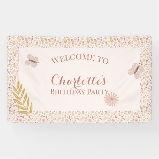 ピンクのギンガムバタフライワイルドフラワー 横断幕 (横)