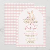 ピンクのギンガムバニー ティーパーティー 誕生日招待状 招待状 (正面/裏面)