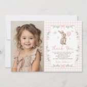 ピンクのギンガムバニー ボウ ガール 誕生日 写真 サンキューカード (正面)