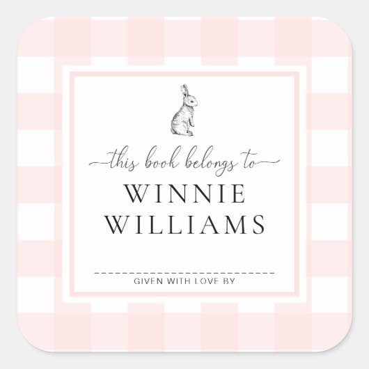ピンクのギンガムバニー 本のしおりシール スクエアシール (正面)