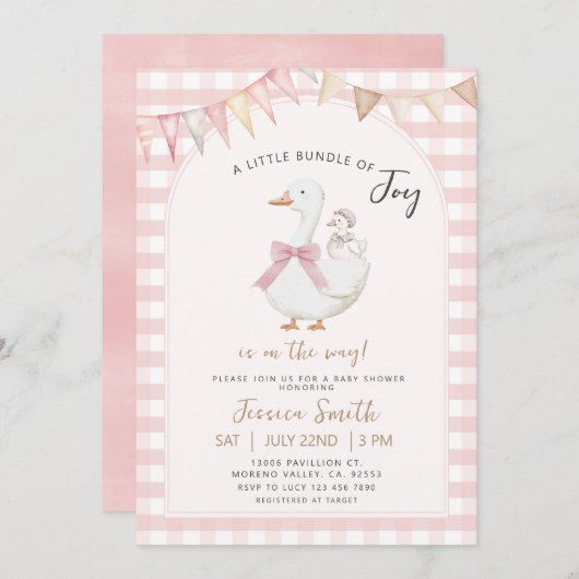 ピンクのギンガムバンドルの喜びガチョウの赤ちゃんシャワー 招待状 (正面/裏面)