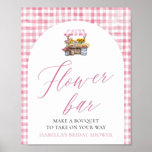 ピンクのギンガムフレッシュオフザマーケットフラワーバー看板 ポスター (正面)