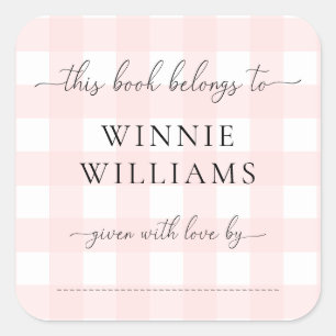 ピンクのギンガムブックプレートステッカー スクエアシール