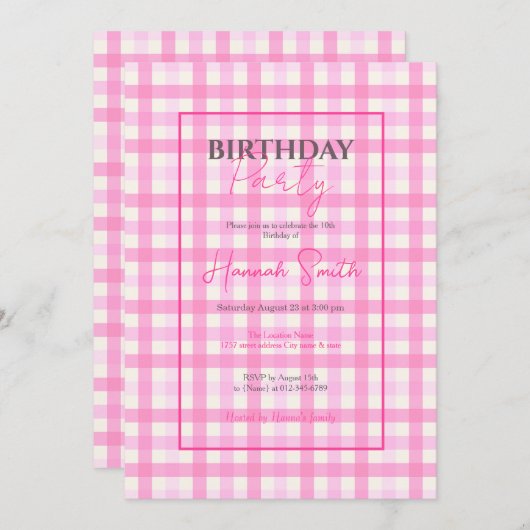 ピンクのギンガムプレイド市松模様にパターン 招待状 (正面/裏面)