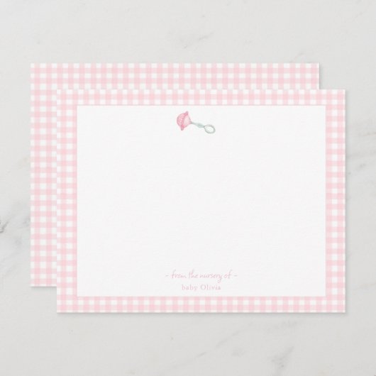 ピンクのギンガムベビーガールと縁どかわいいガラガラ サンキューカード (正面/裏面)