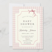 ピンクのギンガムベビーシャワー招待状と弓 招待状 (正面)