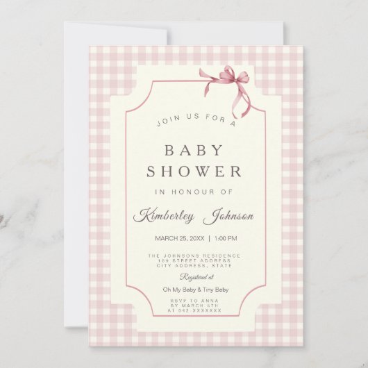 ピンクのギンガムベビーシャワー招待状と弓 招待状 (正面)