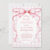 ピンクのギンガムボウベビーガールシャワー 招待状 (正面)
