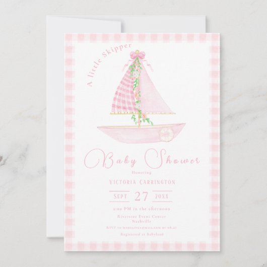 ピンクのギンガム小さなカツオモダンーパーの赤ちゃんシャワー 招待状 (正面)