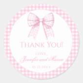 ピンクのギンガム弓の女の子の女の感謝してい子がシャワーあなたを ラウンドシール (正面)