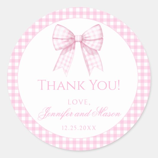 ピンクのギンガム弓の女の子の女の感謝してい子がシャワーあなたを ラウンドシール (正面)