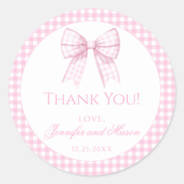 ピンクのギンガム弓の女の子の女の感謝してい子がシャワーあなたを ラウンドシール