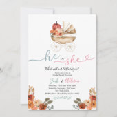 ピンクのギンガム彼または彼女の青いカボチャ性別を明かす 招待状 (正面)