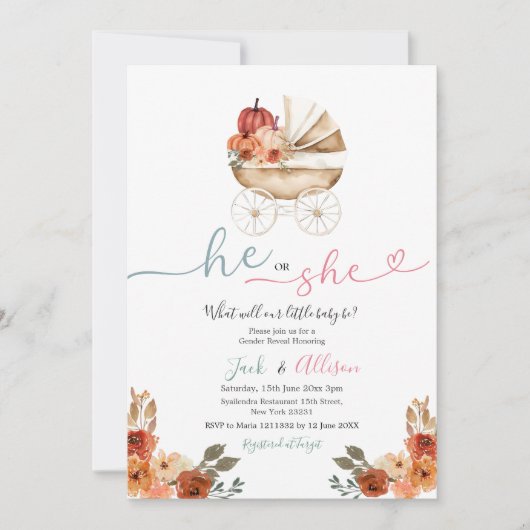 ピンクのギンガム彼または彼女の青いカボチャ性別を明かす 招待状 (正面)