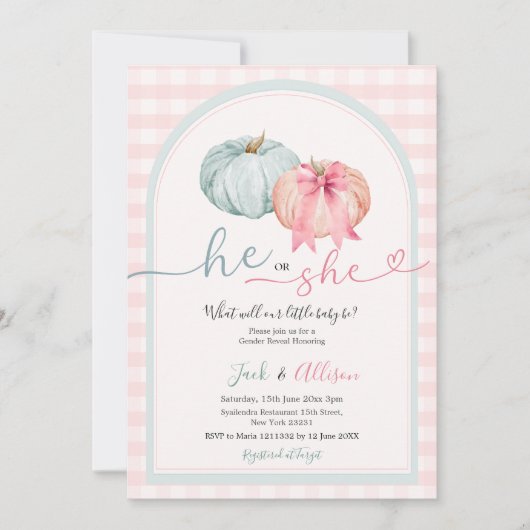 ピンクのギンガム彼または彼女の青いカボチャ性別を明かす 招待状 (正面)