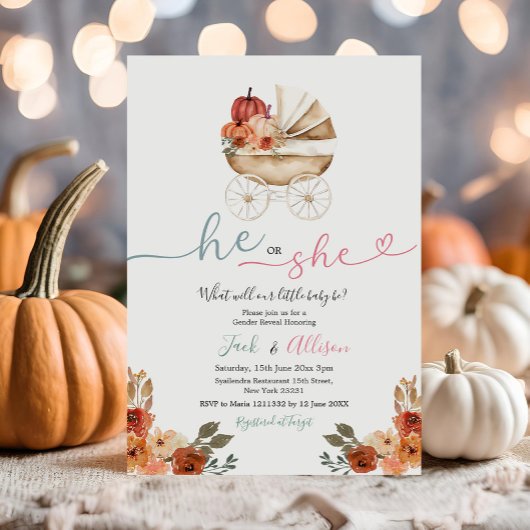 ピンクのギンガム彼または彼女の青いカボチャ性別を明かす 招待状