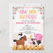 ピンクのギンガム模様の農場の動物の女の子の誕生日パーティー 招待状 (正面)