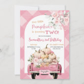 ピンクのギンガム花柄 秋のカボチャ テーマ 誕生日 招待状 (正面)