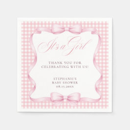 ピンクのギンガム調のキュートなリボンの「It's a Girl」ベビーシャワー スタンダードカクテルナプキン