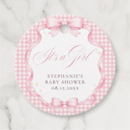 ピンクのギンガム調キュートなリボンの「It's a Girl」ベビーシャワー フェイバータグ