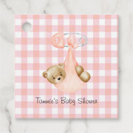 ピンクのギンガム&かわいいテディベアの女の子ベビーシャワー フェイバータグ