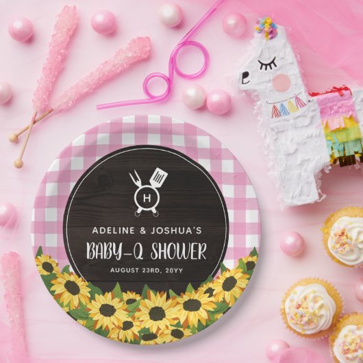 ピンクのギンガム&ひまわり素朴ベビー-Qシャワー ペーパープレート (パーティー)