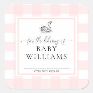 ピンクのギンガム スワン 本のラベル シート スクエアシール