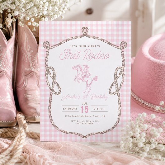 ピンクのギンガム First Rodeo 1歳の誕生日カウボーイ 招待状