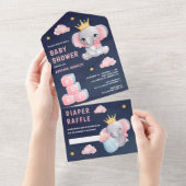 ピンクのクイーンエレファントガールネイビーブルーベビーシャワー オールインワン招待状 (貼ってはがせる)