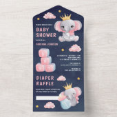 ピンクのクイーンエレファントガールネイビーブルーベビーシャワー オールインワン招待状 (内側)