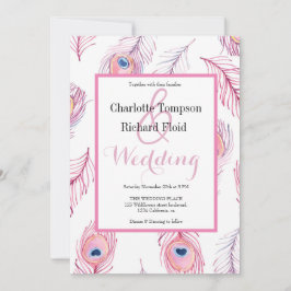 ピンクのクジャク結婚の羽 招待状