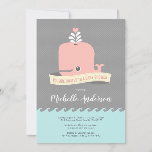 ピンクのクジラのベビーシャワー招待状 招待状 (正面)