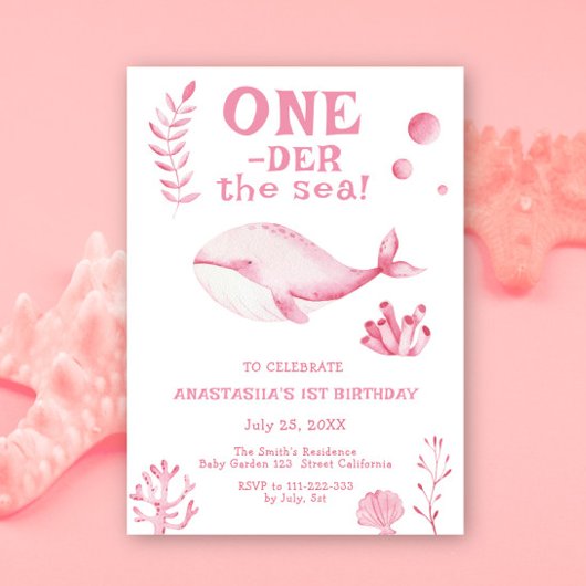ピンクのクジラのワンダーの海1歳の誕生日 招待状