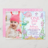 ピンクのクジラの写真ワンダーザ・シー1歳の誕生日 招待状 (正面/裏面)