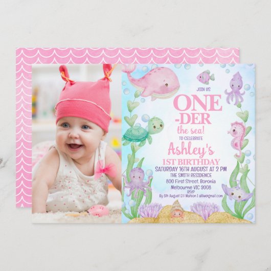 ピンクのクジラの写真ワンダーザ・シー1歳の誕生日 招待状 (正面/裏面)
