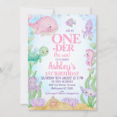 ピンクのクジラの写真ワンダーザ・シー1歳の誕生日 招待状 (正面)