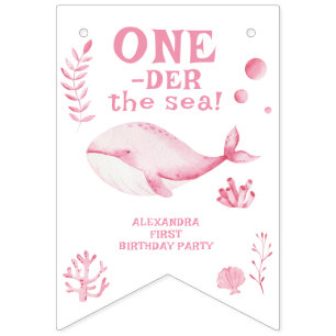 ピンクのクジラの海のワンダフル1歳の誕生日 バンティングフラッグ