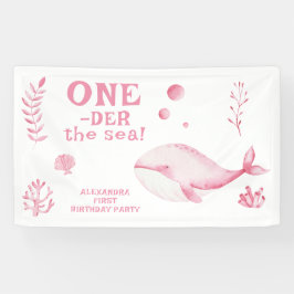 ピンクのクジラの海のワンダフル1歳の誕生日  横断幕