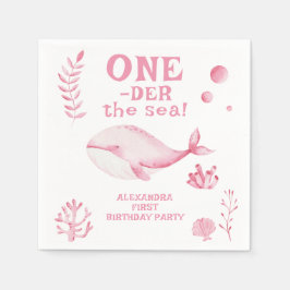 ピンクのクジラの海の1歳の誕生日  スタンダードカクテルナプキン
