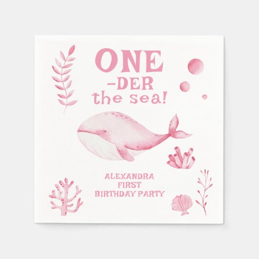 ピンクのクジラの海の1歳の誕生日  スタンダードカクテルナプキン (正面)