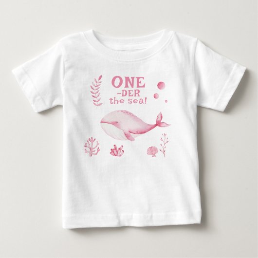 ピンクのクジラの海の1歳の誕生日 ベビーTシャツ (正面)