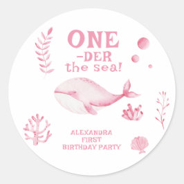 ピンクのクジラの海の1歳の誕生日  ラウンドシール