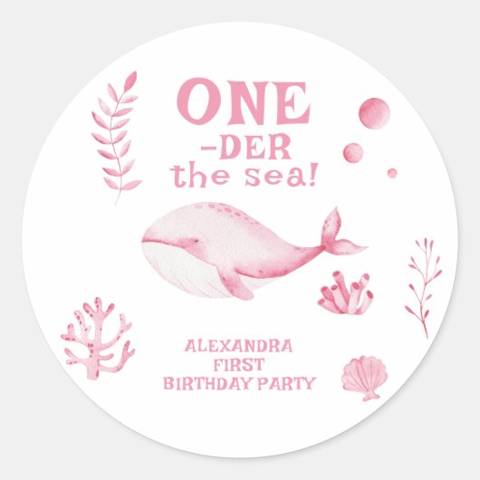 ピンクのクジラの海の1歳の誕生日 ラウンドシール (正面)