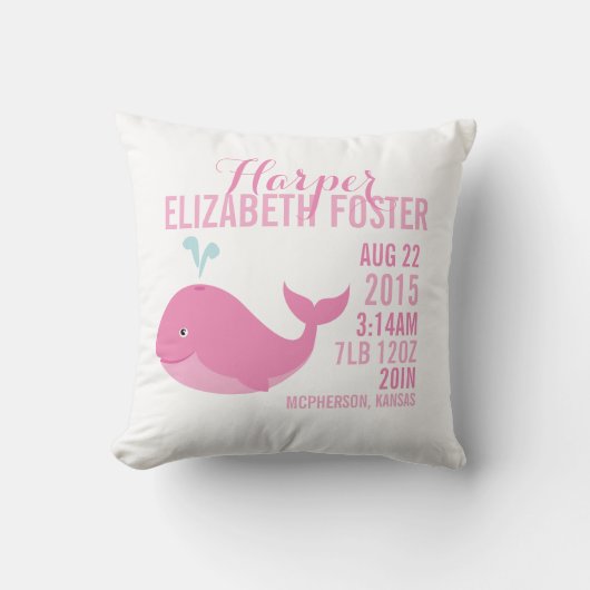 ピンクのクジラの誕生の発表の子供部屋の枕 クッション (正面)